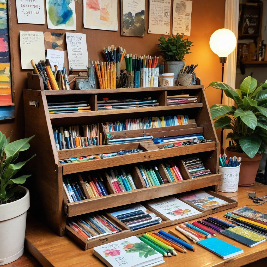 A vintage wooden toolbox overflowing with colorful art supplies, including paint tubes, brushes, pens, and notebooks. In the background, a cozy workspace setting filled with inspirational quotes on the walls, plants, and warm lighting, suggesting creativity and personal expression. The tools should reflect a variety of blogging resources, symbolizing engagement and creativity. vibrant colors. cozy atmosphere. painting.
