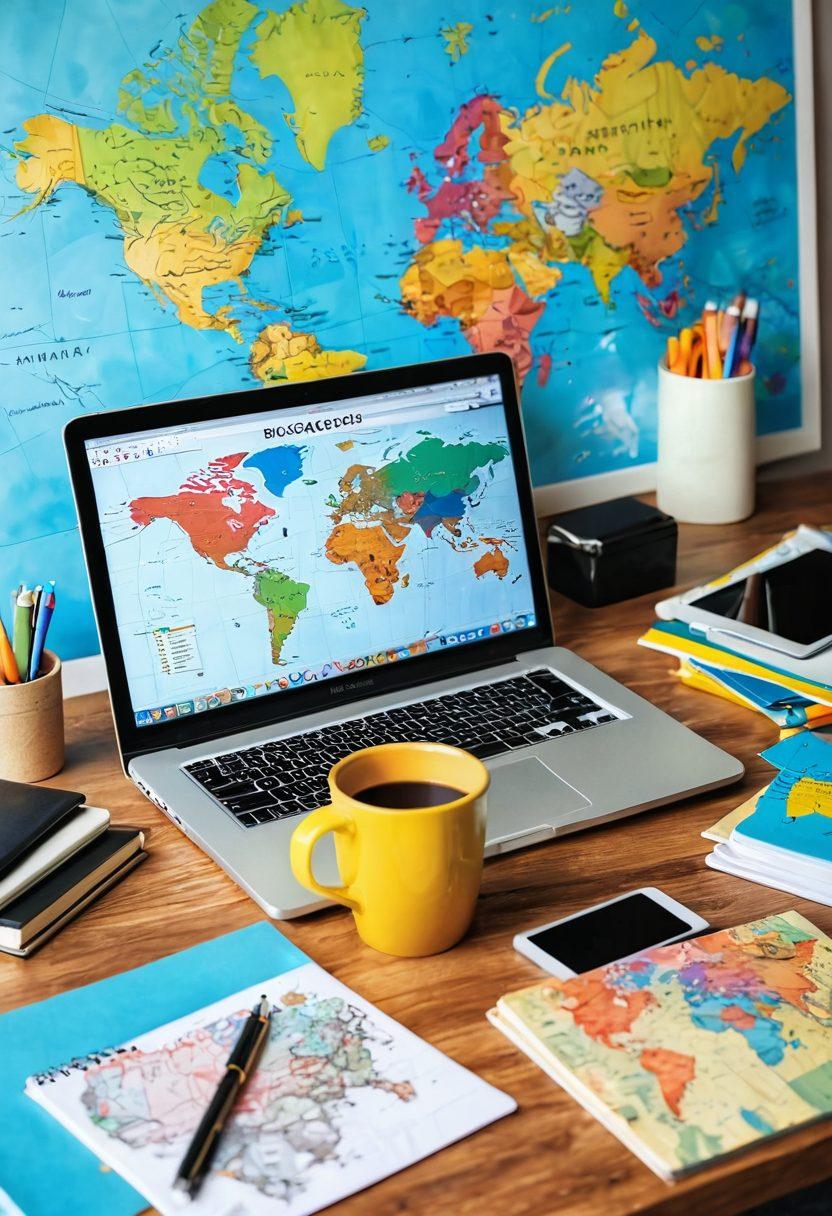 A creative workspace filled with colorful stationery, a laptop displaying a blog interface, notes scattered around with ideas sketched out, a cup of coffee steaming on the side, and a vibrant world map in the background symbolizing the global blogosphere. bright colors. 3D. vibrant details.