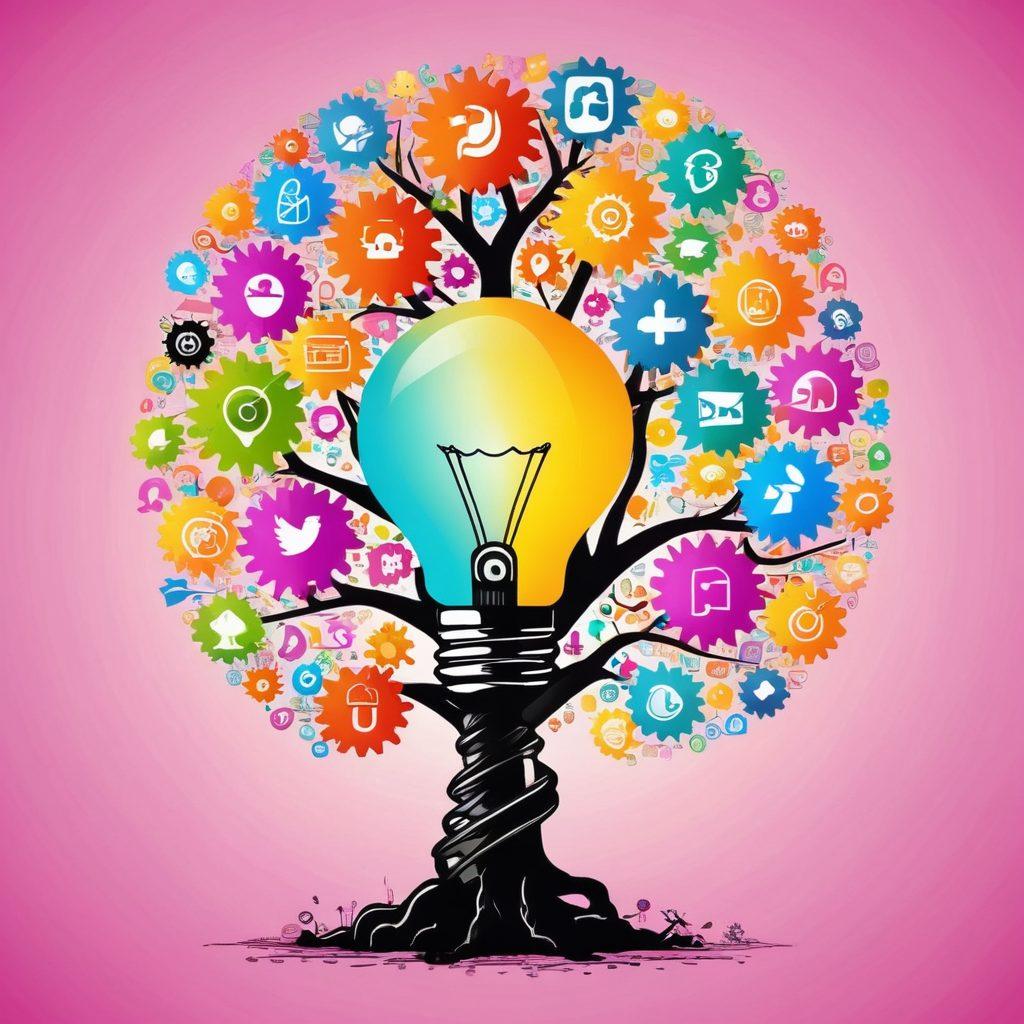 A dynamic illustration of a light bulb transforming into a tree, symbolizing the growth of ideas, surrounded by vibrant gears and tools, each marked with social media icons and content symbols like pens and cameras. The background should blend a creative workspace with colorful sticky notes and brainstorming elements, showcasing a journey from concept to execution. vibrant colors. vector art.
